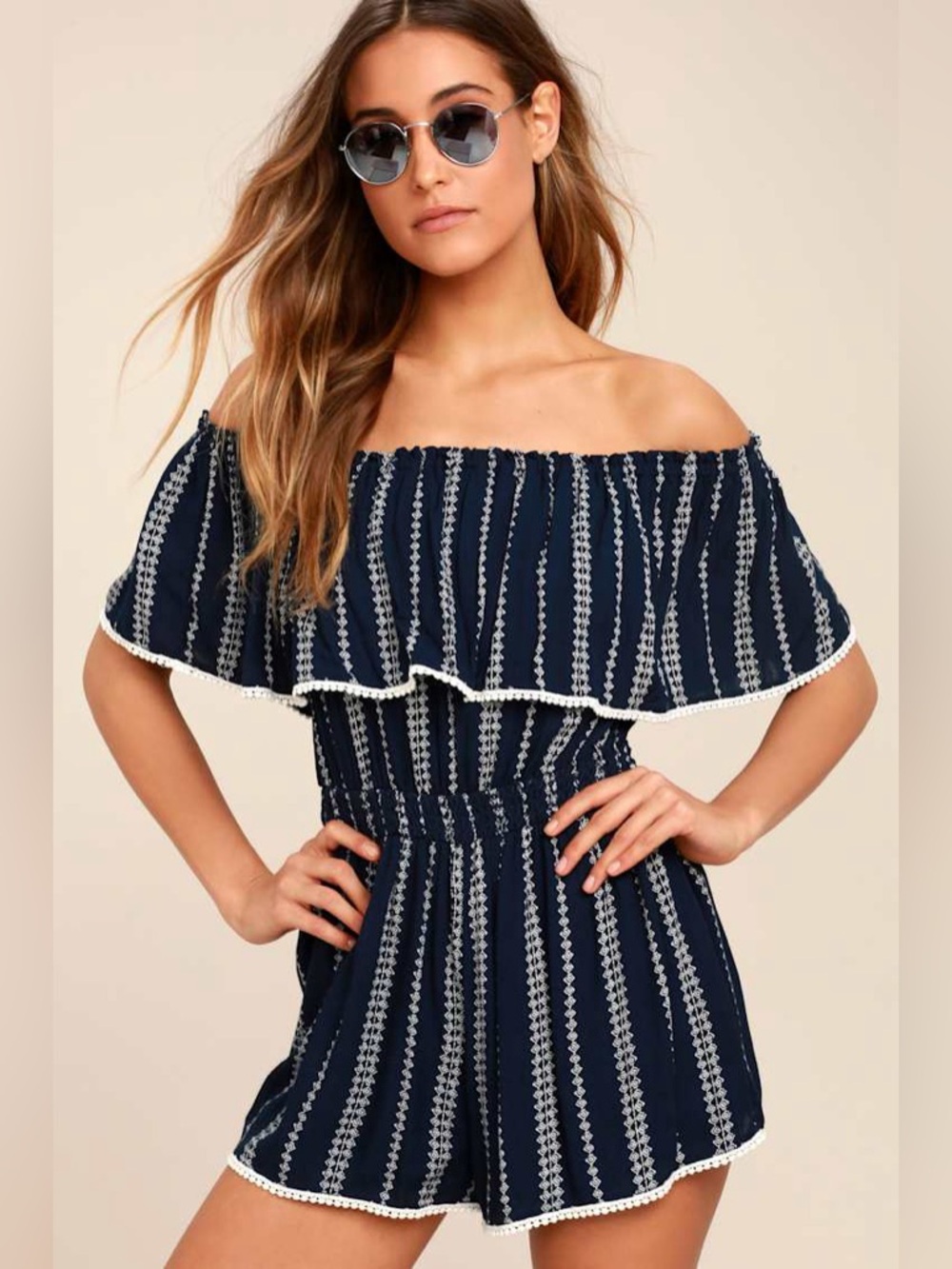 Lulus See Ya There Navy Blue Print Off-the-Shoulder Romper💙